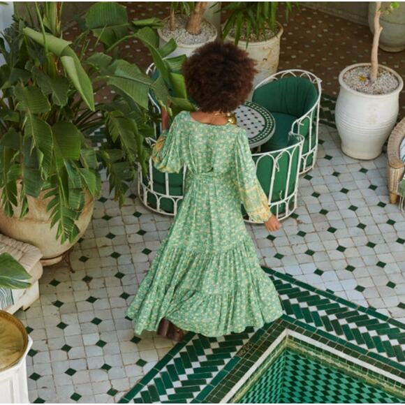 SPELL Madame Peacock Button Through Maxi Gown Emerald Green Womens XS Boho Chic - Picture 2 of 13